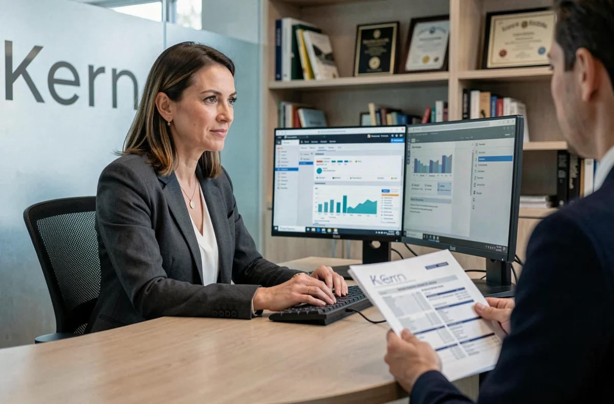 Conseillère du cabinet Kern Patrimoine examinant des outils de gestion d'actifs numériques face à un client dans un bureau contemporain