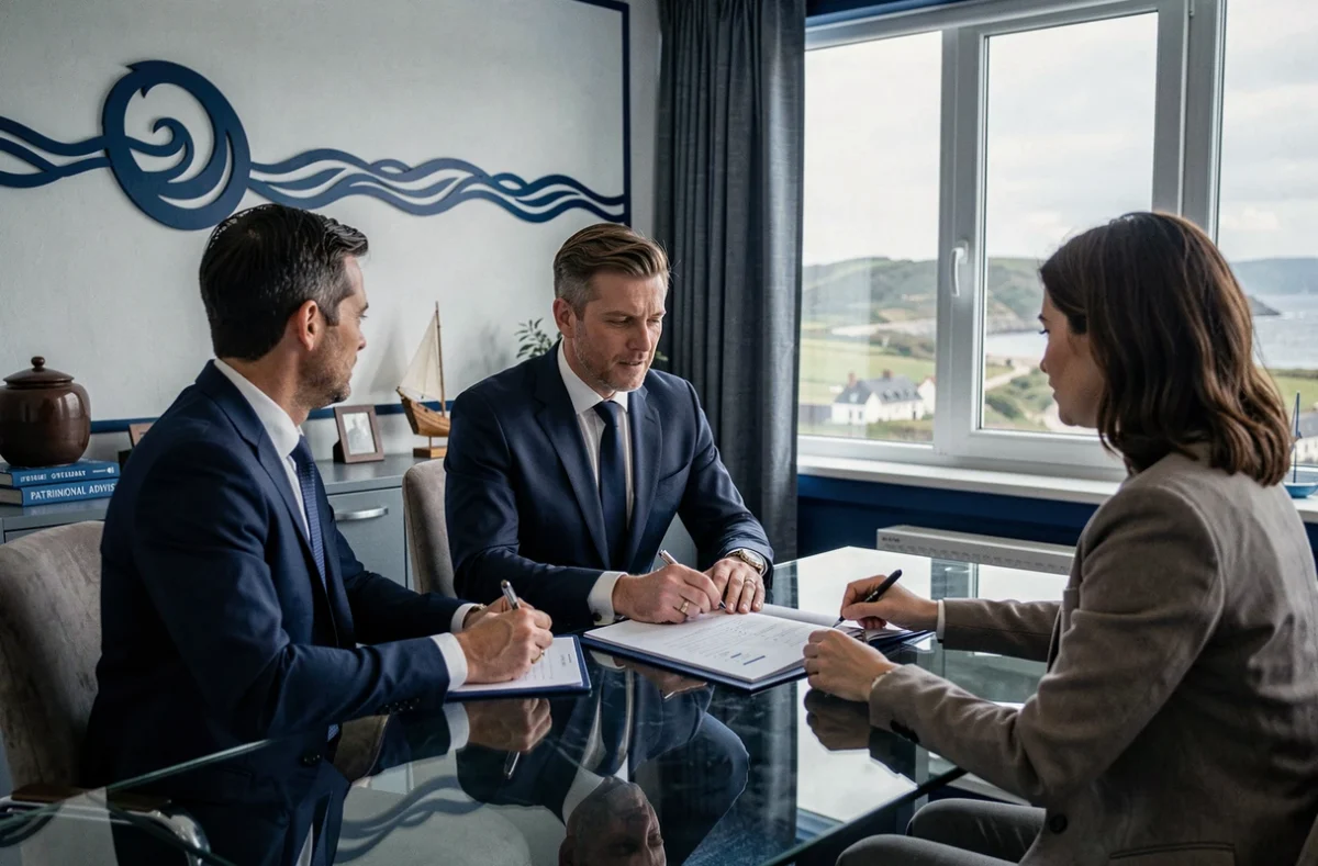 Conseiller du cabinet Le Patrimoine Bleu présentant un bilan patrimonial à un couple dans un bureau aux tons bleus et décorations bretonnes