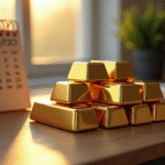 Lingots d'or empiles sur un bureau moderne avec calendrier