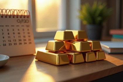 Lingots d'or empiles sur un bureau moderne avec calendrier