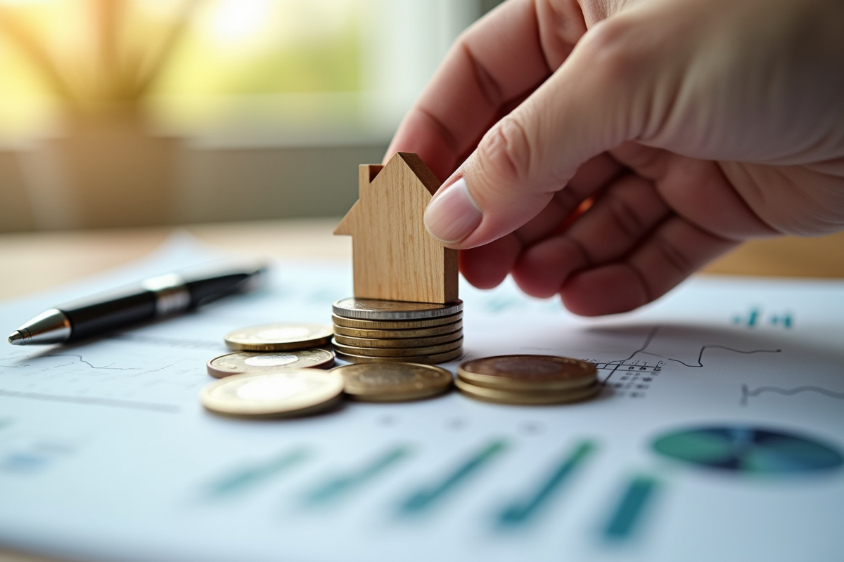 Main ajustant une maison en bois sur une pile de pièces de monnaie
