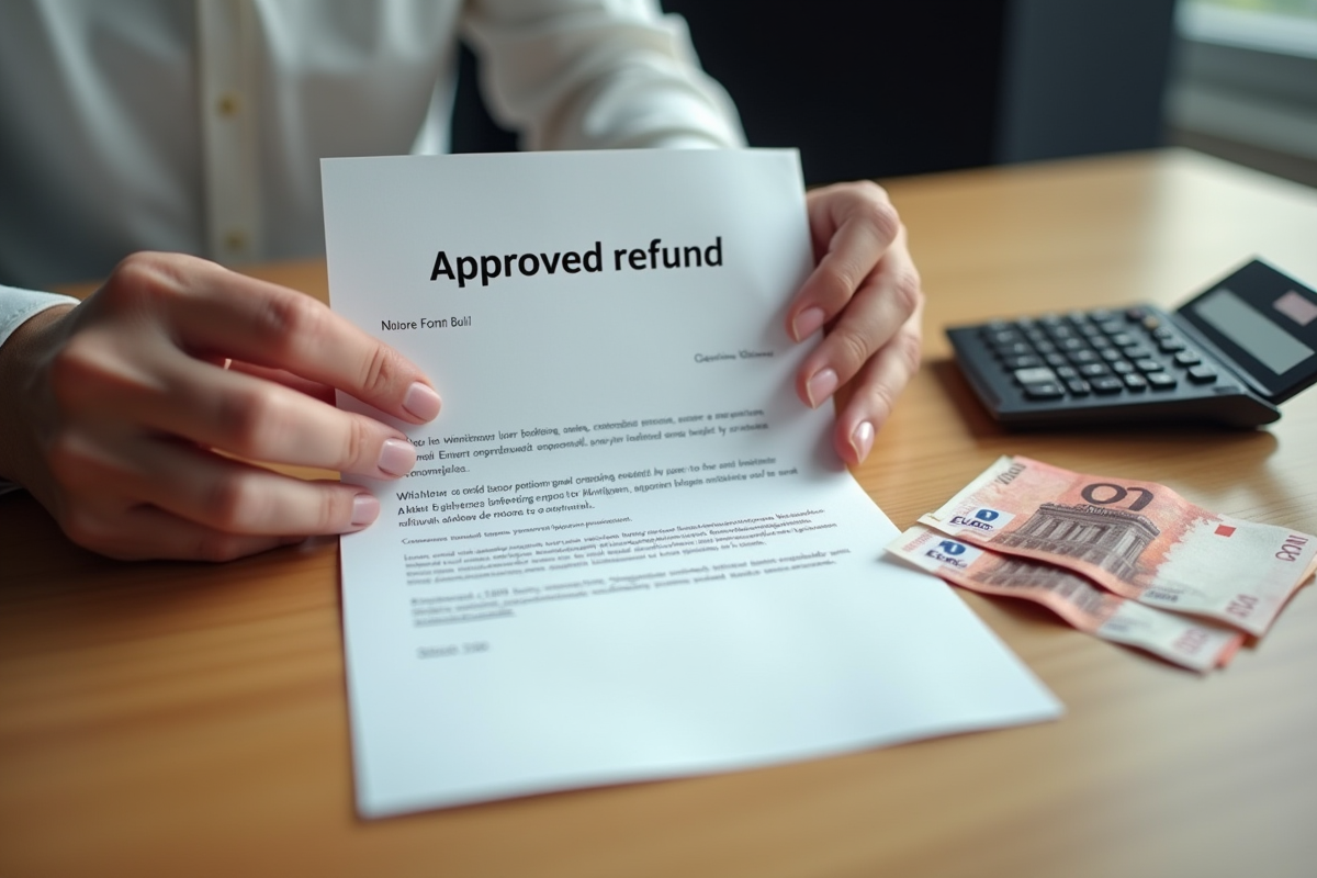 Mains tenant une lettre de remboursement avec des billets euros