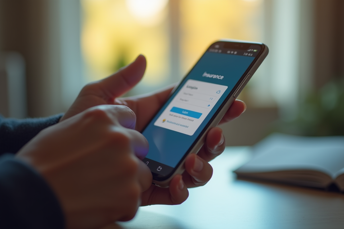 Gros plan sur des mains tenant un smartphone pour se connecter à son assurance