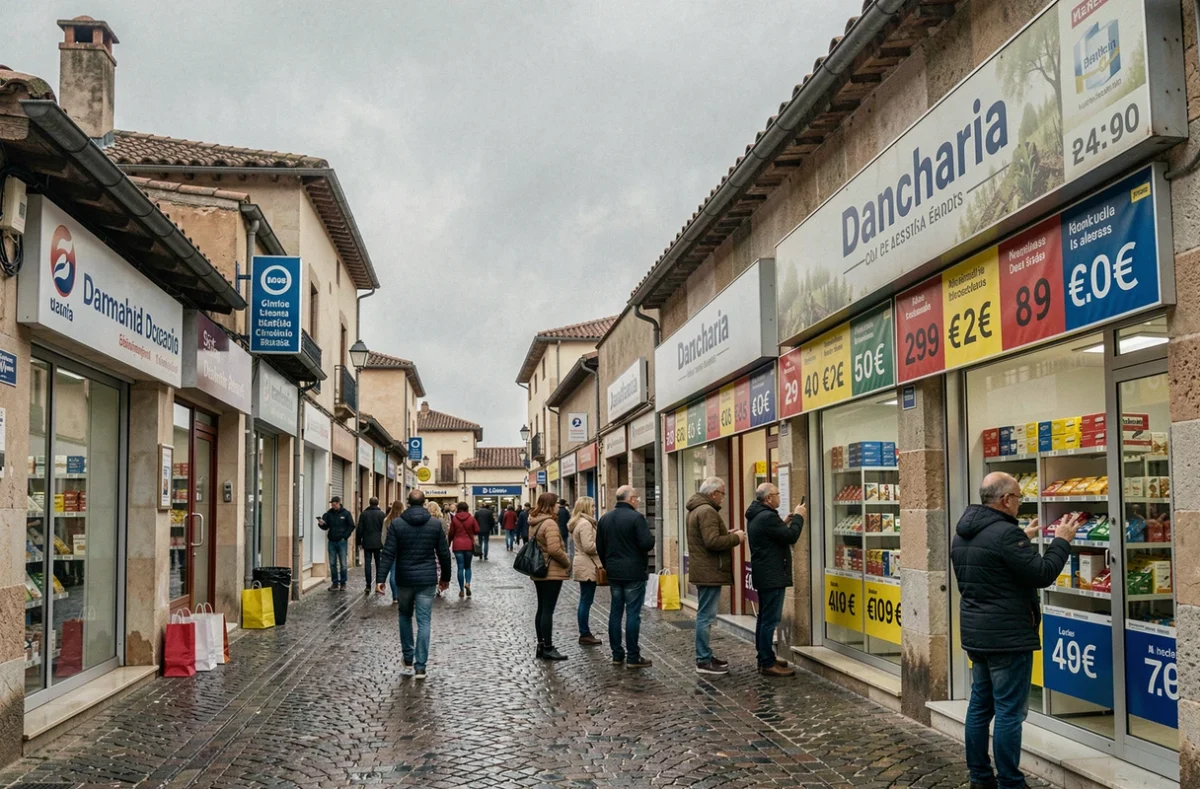 Vue large du marché de Dancharia au Pays Basque avec des boutiques de tabac affichant les prix des cigarettes en euros, des touristes français faisant leurs achats en zone frontalière franco-espagnole