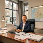 Courtier en assurance professionnel dans un bureau moderne en Normandie avec des documents et un ordinateur portable