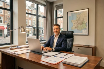 Courtier en assurance professionnel dans un bureau moderne en Normandie avec des documents et un ordinateur portable