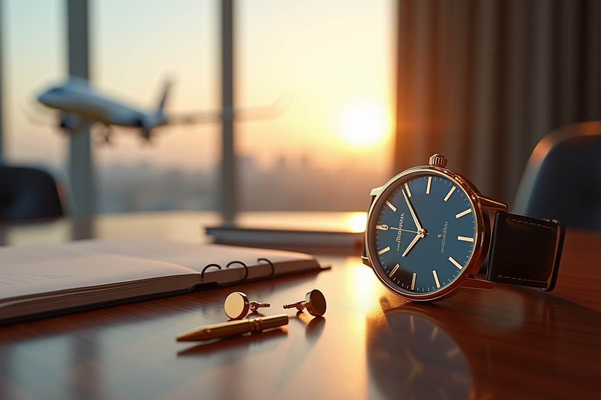 Montre de luxe et boutons de manchette sur une table en bois