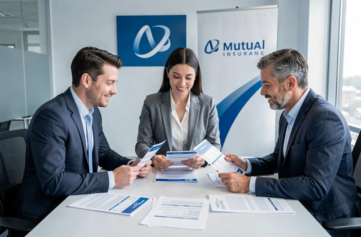 Équipe de la Mutuelle Nationale MCD discutant de polices d'assurance dans leur bureau en Normandie