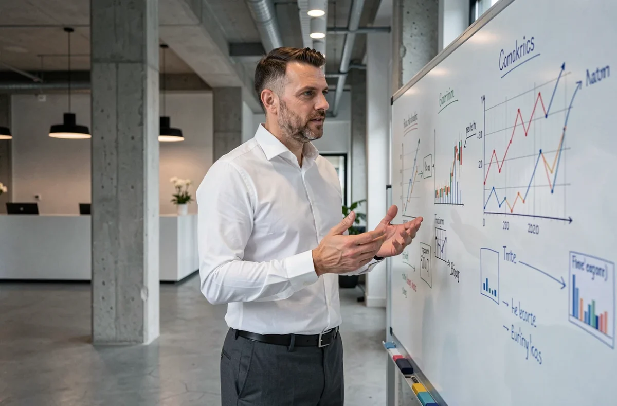 Consultant de NB Conseil présentant des stratégies patrimoniales sur un tableau blanc dans un bureau contemporain