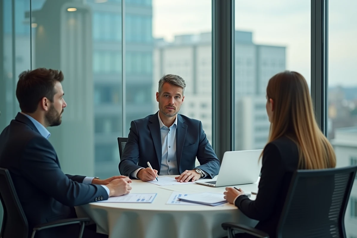 Réunion de négociation salariale entre deux employés et un responsable RH dans une salle de réunion vitrée
