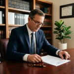 Notaire examinant un contrat d'assurance-vie dans son bureau, illustration de la transmission hors succession