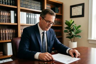 Notaire examinant un contrat d'assurance-vie dans son bureau, illustration de la transmission hors succession