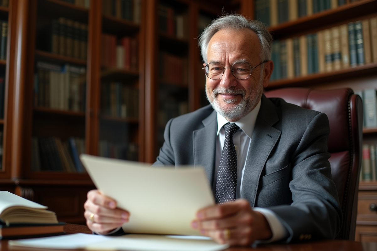 Notaire en portrait dans son bureau avec documents
