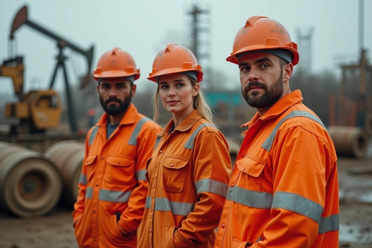 Trois ouvriers du pétrole sur un site en plein air