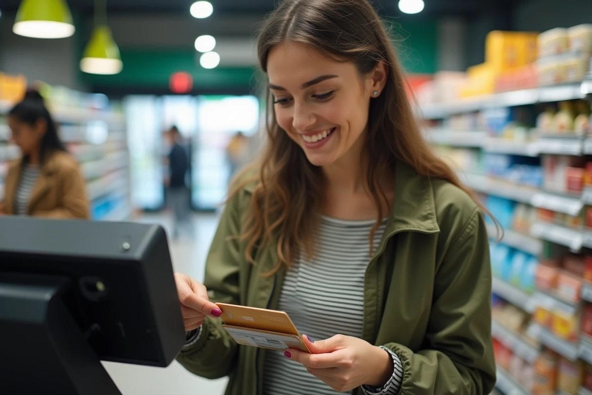 Jeune femme effectuant un paiement sans contact avec une carte prépayée La Poste à la caisse d'un supermarché
