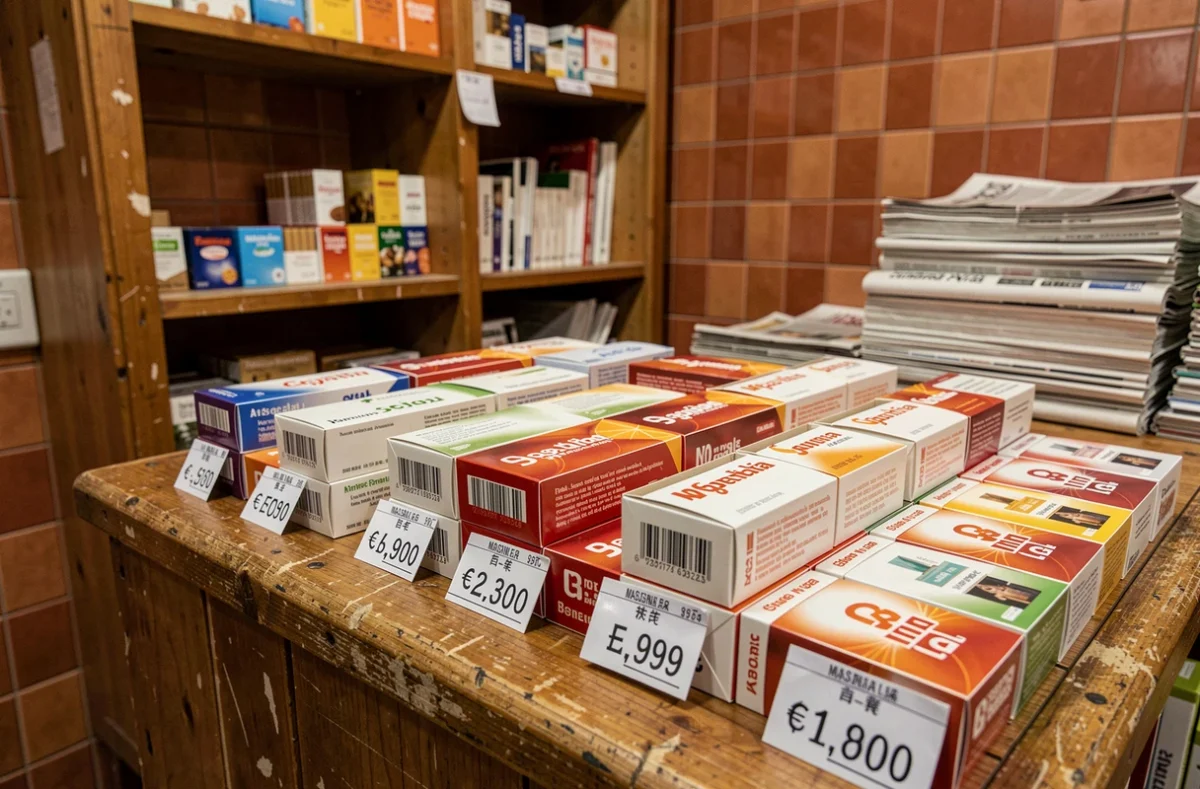 Paquets de cigarettes avec étiquettes de prix en euros dans un bureau de tabac espagnol