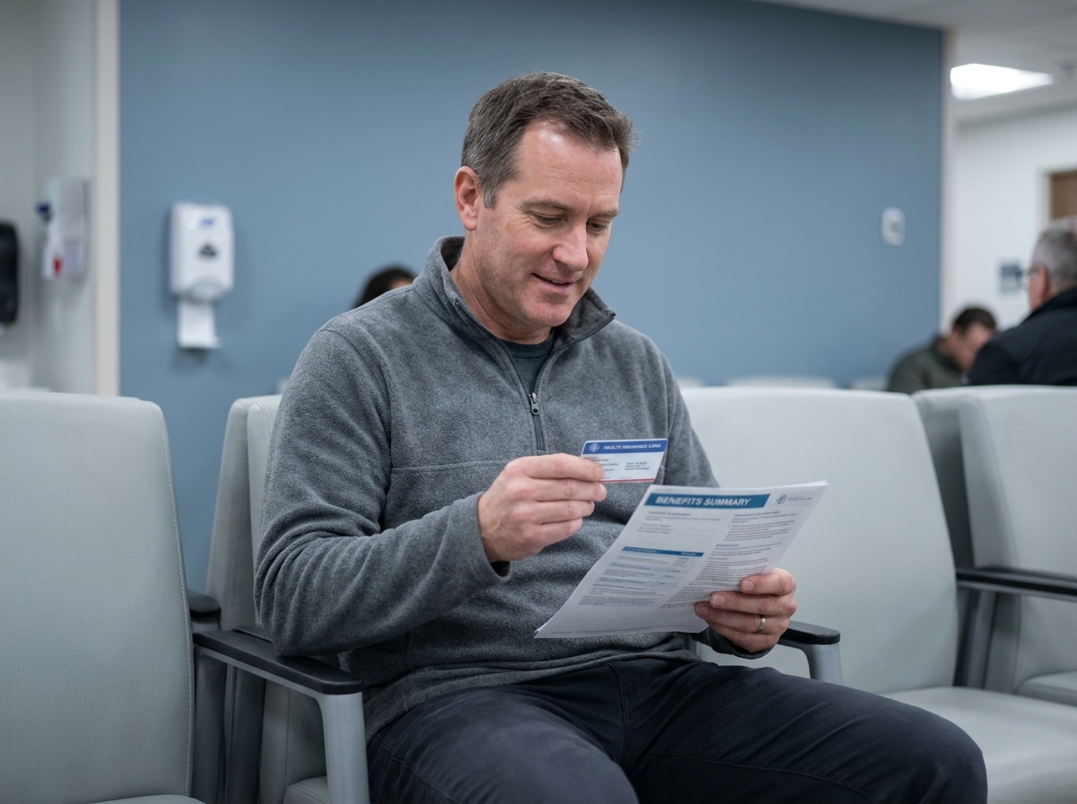 Homme dans une salle d'attente hospitalière consultant sa carte de mutuelle et les prestations de remboursement prises en charge