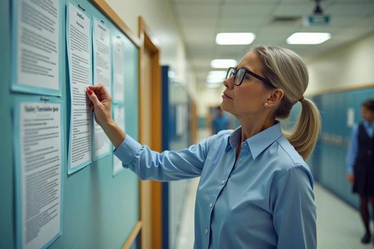 Femme administrative accrochant affiche dans couloir scolaire