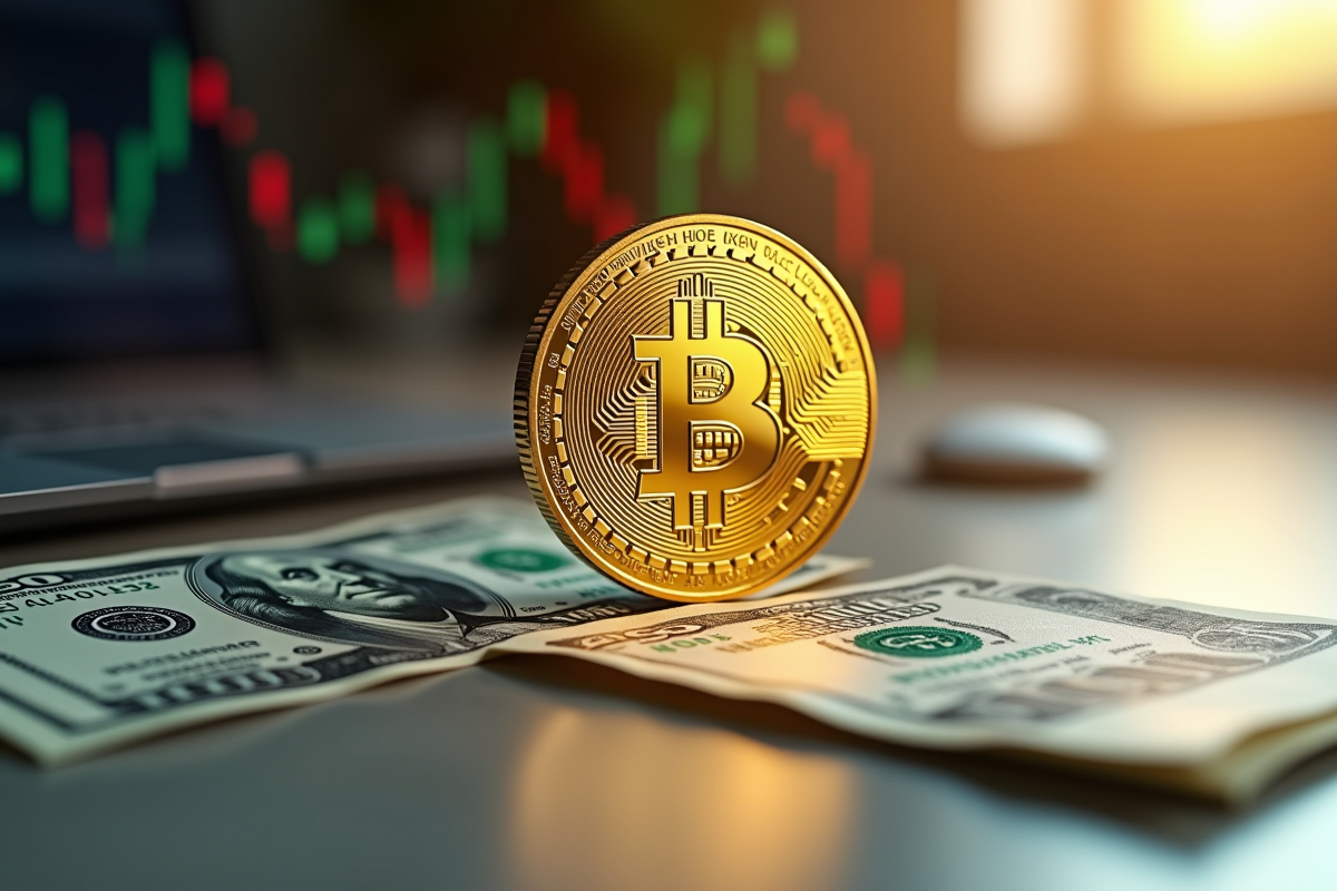 Pièce d or Solana sur surface réfléchissante avec billets dollar