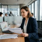 Femme cadre en entreprise consultant des documents sur le plan d'épargne retraite obligatoire à son bureau