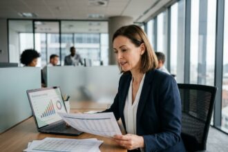 Femme cadre en entreprise consultant des documents sur le plan d'épargne retraite obligatoire à son bureau