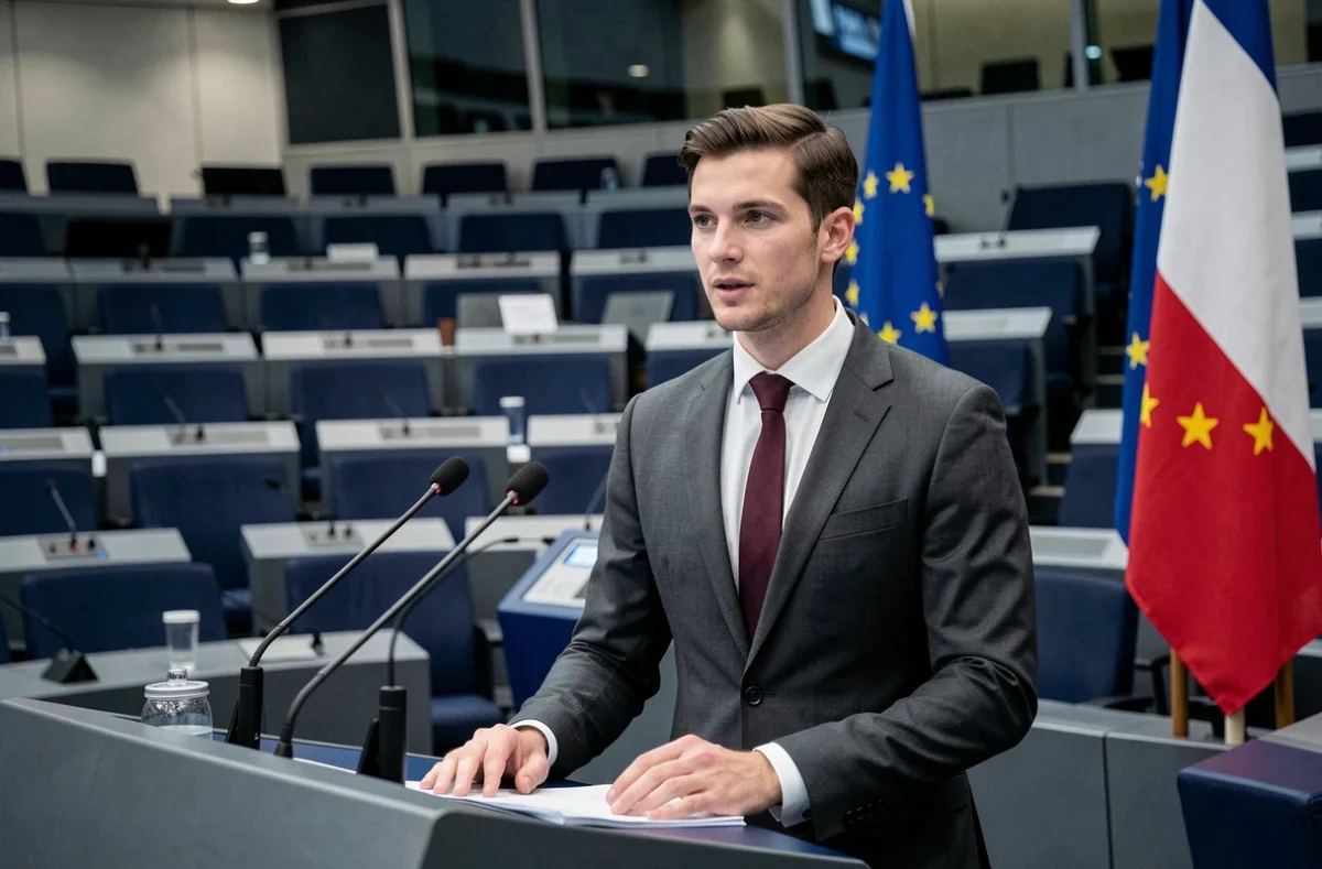 Jeune homme politique debout à la tribune du Parlement européen en costume gris, s'adressant à l'assemblée