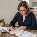 Femme consultant un avis de prélèvement bancaire et ses impôts locaux à la table de cuisine
