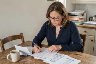 Femme consultant un avis de prélèvement bancaire et ses impôts locaux à la table de cuisine