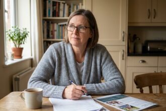 Femme mature consultant des documents de prévoyance funéraire à domicile, planification des frais d'obsèques