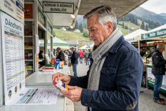 Un homme français d'âge mûr examine un paquet de cigarettes et une liste de prix au bureau de tabac de Dancharia, marché frontalier franco-espagnol au Pays Basque