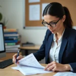 Professeure examinant attentivement sa fiche de paie dans un bureau scolaire administratif