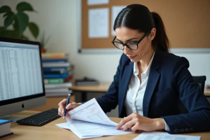 Professeure examinant attentivement sa fiche de paie dans un bureau scolaire administratif