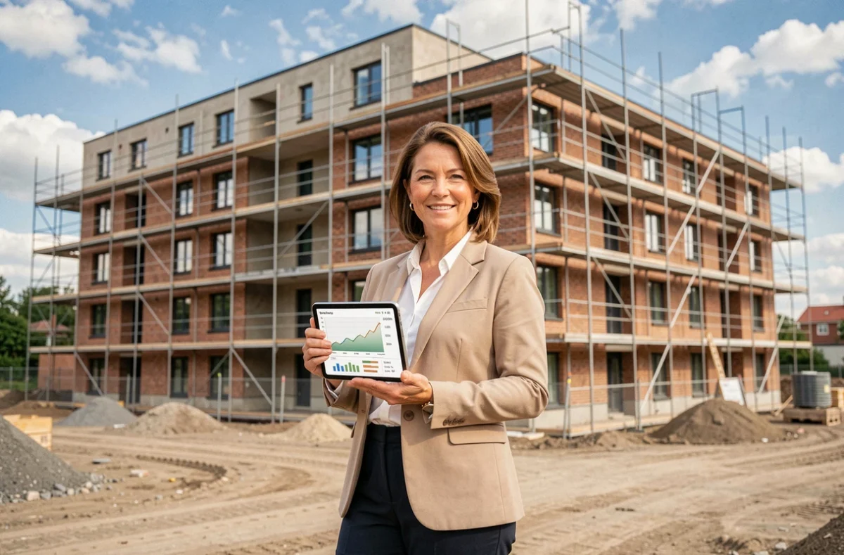 Femme professionnelle examinant un immeuble résidentiel en construction pour un investissement en SCPI