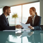 Deux professionnels en bureau lumineux échangeant un document