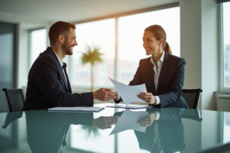 Deux professionnels en bureau lumineux échangeant un document