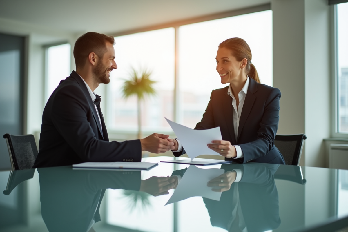 Deux professionnels en bureau lumineux échangeant un document