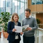 Homme et femme d'affaires regardant un rapport durable