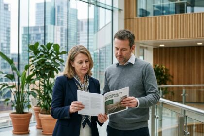 Homme et femme d'affaires regardant un rapport durable