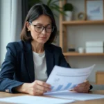 Femme prudente analysant des documents financiers dans un bureau minimaliste moderne, illustrant les profils conservateurs attirés par des solutions d'épargne stable