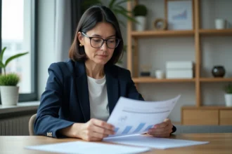 Femme prudente analysant des documents financiers dans un bureau minimaliste moderne, illustrant les profils conservateurs attirés par des solutions d'épargne stable