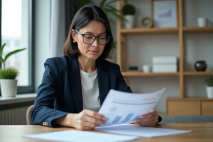Femme prudente analysant des documents financiers dans un bureau minimaliste moderne, illustrant les profils conservateurs attirés par des solutions d'épargne stable