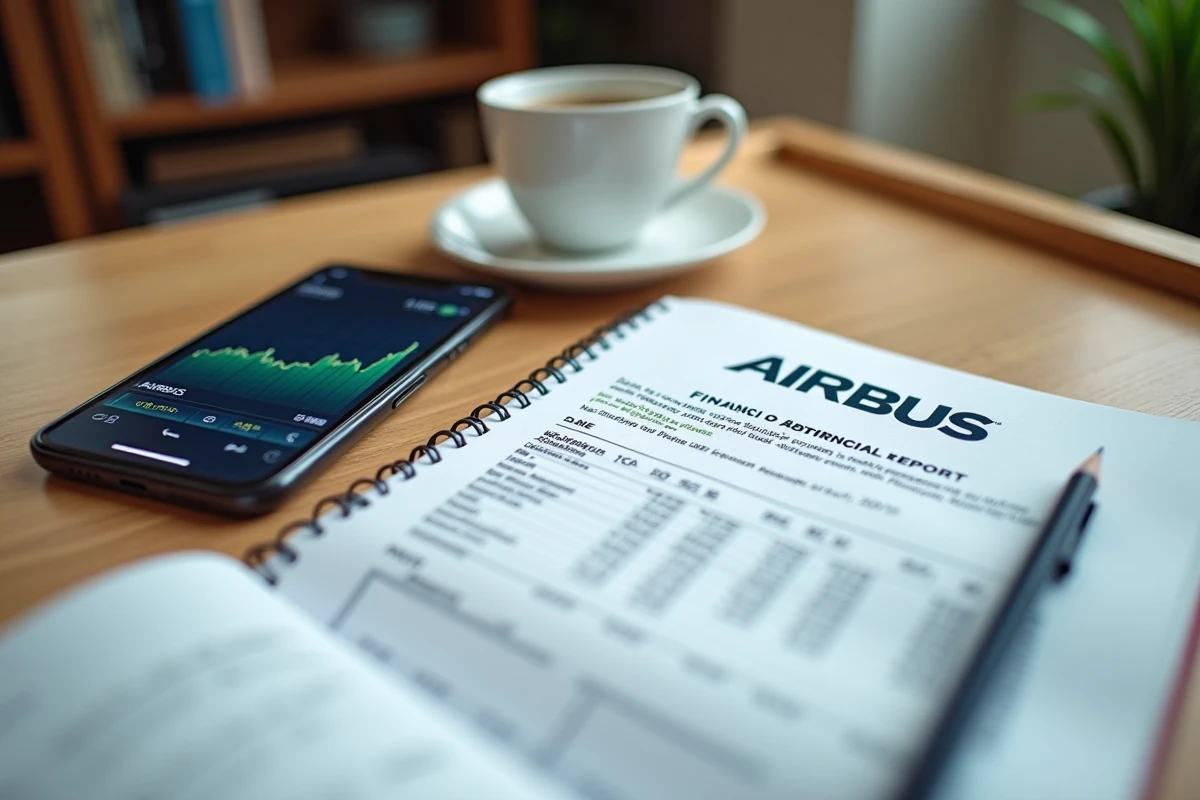 Bureau avec rapport financier Airbus, smartphone affichant un graphique boursier et notes manuscrites pour 2026