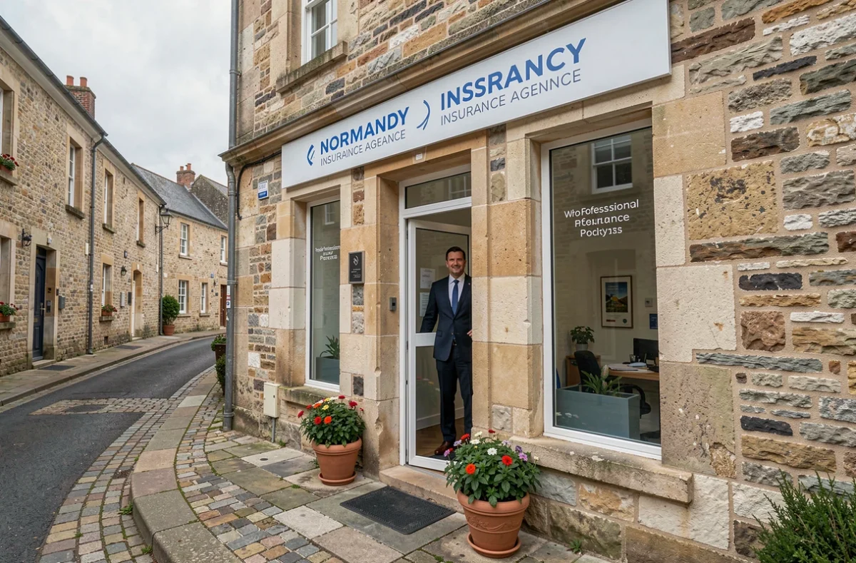 Agence de courtage RAS en assurance dans une rue de Normandie avec façade en pierre