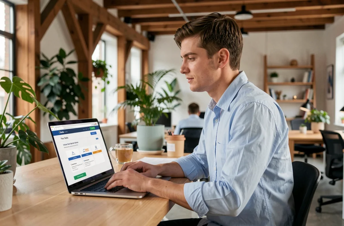Conseiller de Reassurez-moi comparant des offres d'assurance en ligne dans un bureau moderne