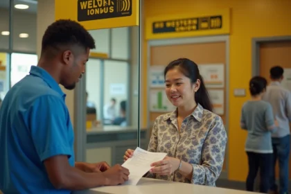 Femme recevant un reçu de transfert d'argent Western Union au guichet d'un bureau de poste