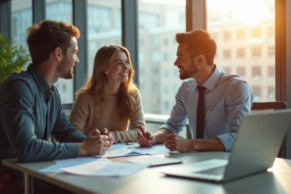 Couple professionnel discutant avec un conseiller bancaire dans un bureau lumineux