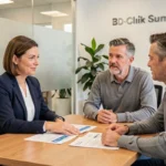 Conseillère bancaire de La Banque Postale présentant des options d'assurance vie et d'épargne à un couple lors d'un rendez-vous en agence