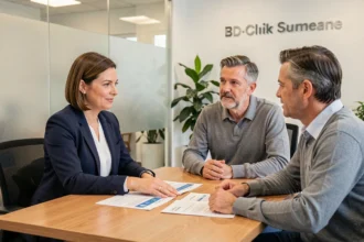 Conseillère bancaire de La Banque Postale présentant des options d'assurance vie et d'épargne à un couple lors d'un rendez-vous en agence