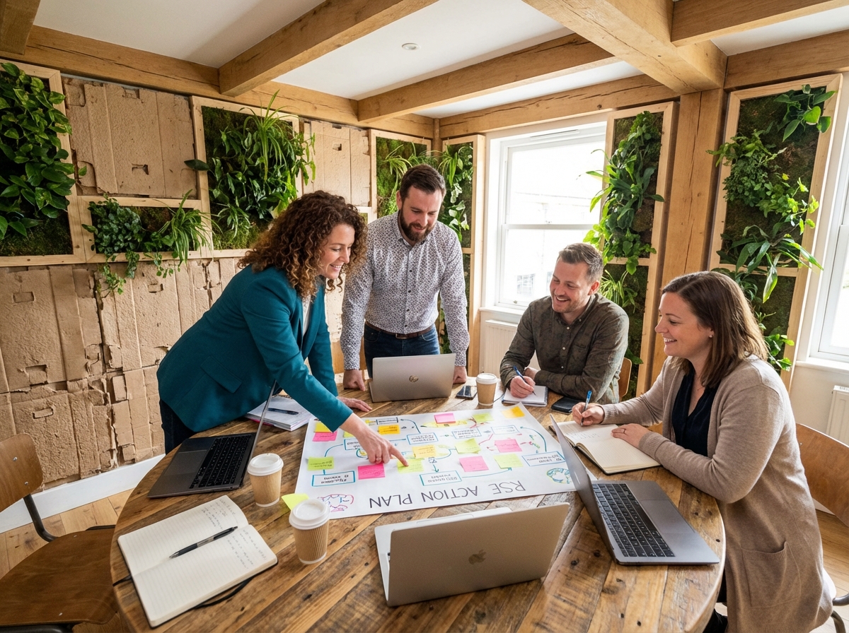 Groupe de quatre personnes discutant autour d