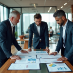 Trois professionnels discutent autour d'une table moderne en bureau
